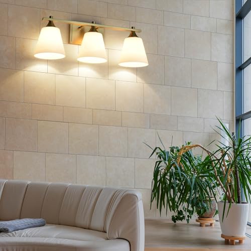 Image of Brass Bathroom Vanity Light Fixtures, 3 Lights Traditional Gold Vanity Lighting Fixture with Opal Glass Shade, Porch Wall Mount Light Fixture for Bathroom, Mirror Cabinets Hallway Stairs, Aged Brass