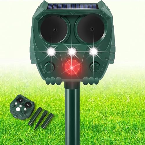 Cat Repellent Ultrasonic Solar Animal Repeller with Motion Sensor and Flashing Lights Waterproof Rechargeable Animal Deterrent Devices Outdoor for Deer Dog Rabbit Skunk Yard Garden Farm