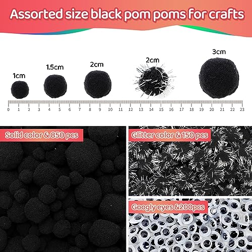 Image of Iooleem Black Pom Poms - Assorted Size, 1200pcs with Wiggle Eyes, Glitter Options, Perfect for Arts & Crafts