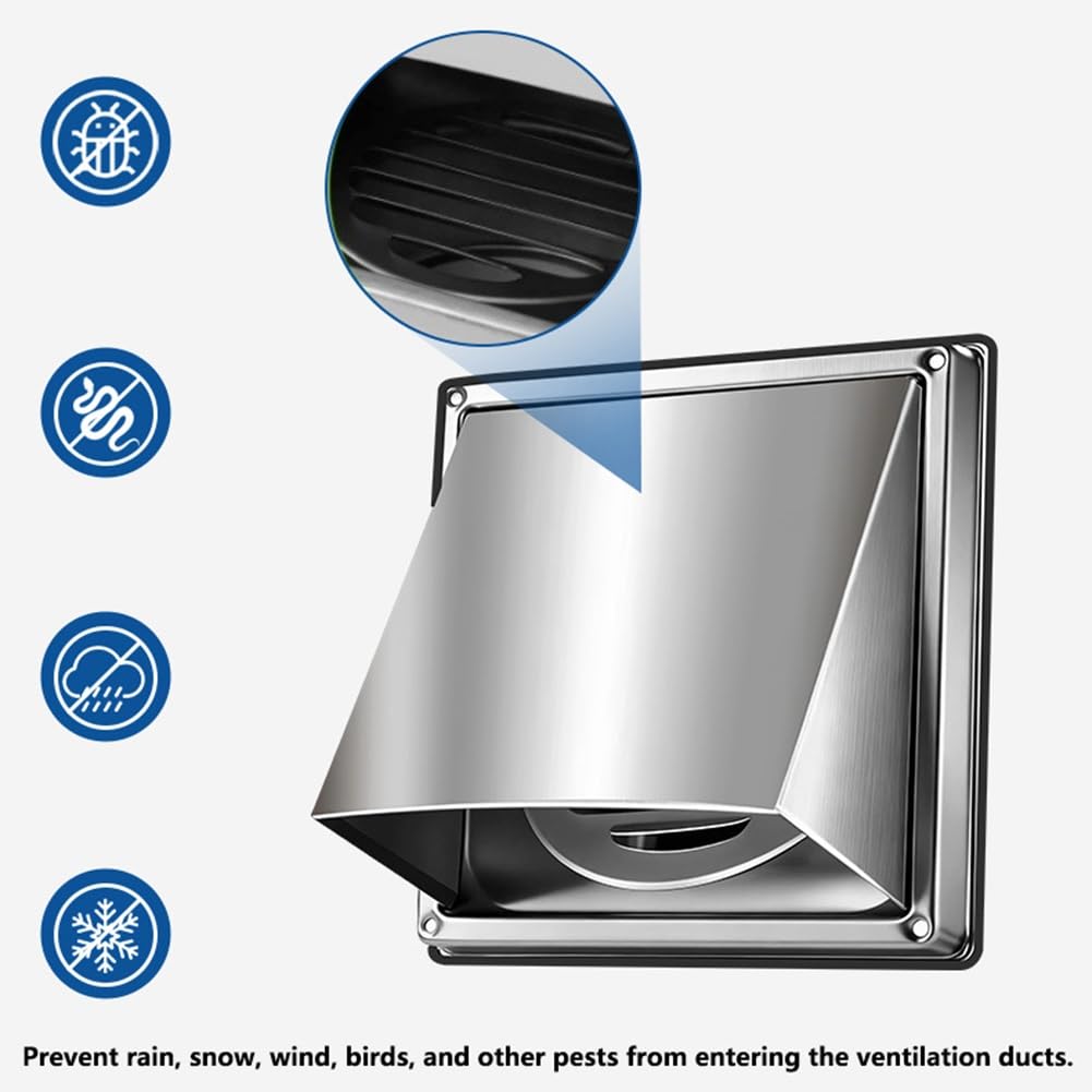 Rejilla de Ventilación de 100/125/150 mm, Campana de Ventilación de Acero Inoxidable con Junta de Estanqueidad, Mosquitera Integrada, para Pared de Vivienda, Fácil de Instalar