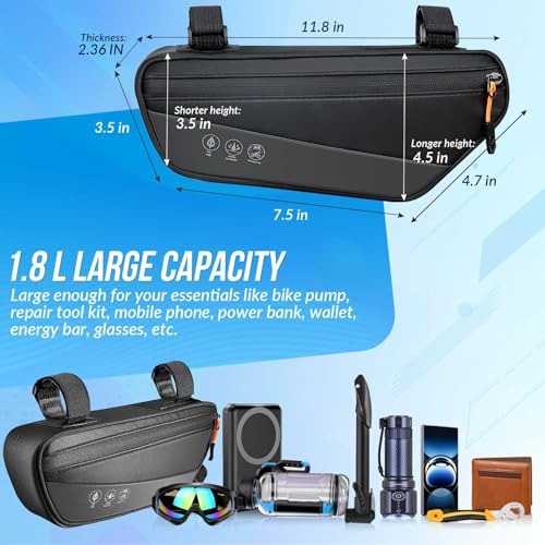Image of WOTOW Bike Frame Bag - Waterproof Bike Triangle Bag with Side Pocket - Reflective Bicycle Under Tube Storage Pouch for Road Mountain Cycling Travel, 1.8L