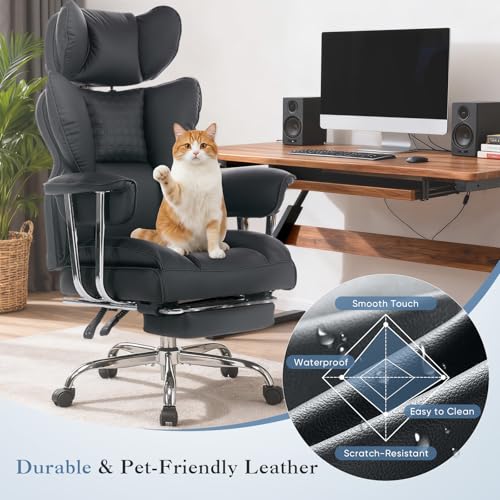Image of DUMOS Big and Tall Office Chair 400 LBS, Scratch-Resistant PU Leather Executive Office Desk Chair with Footrest, Ergonomic Reclining Computer Chairs with Pocket Spring Support, Black