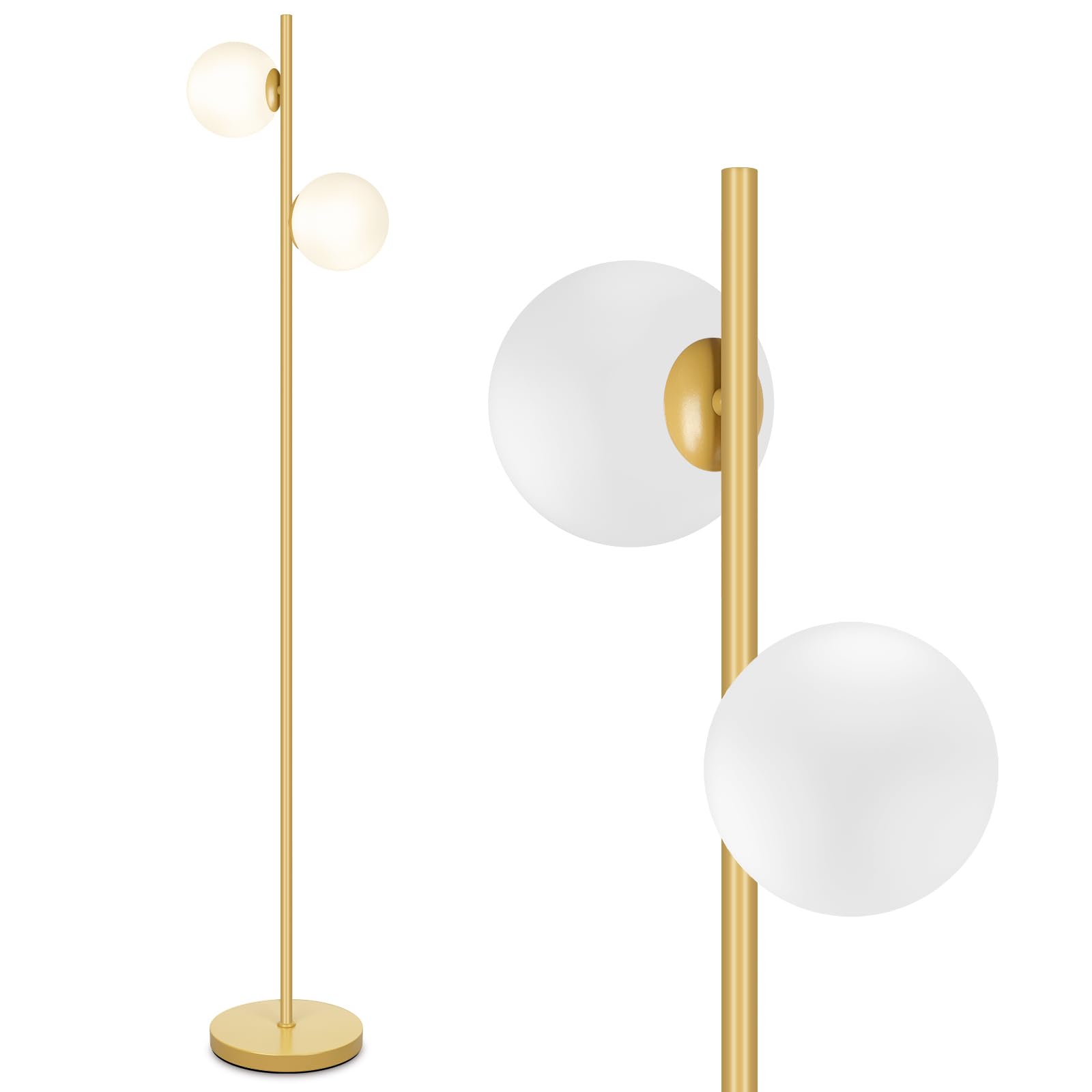 VerRon Mid Century Modern 2 Frosted Glass Globe Floor Lamp for Living Room,Contemporary LED Standing Light, Gold Corner Pole Office Bedroom, Study Room, Hotel, Antique Brass Lighting