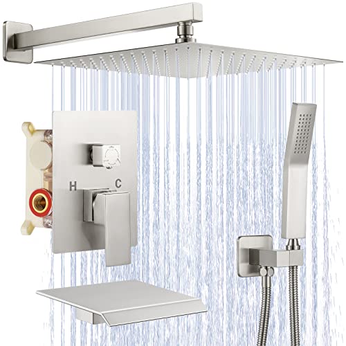JOMEOO 12 Inch Shower System with Tub Spout, 3 Function Brushed Nickel Bathtub Shower Faucet Set, Wall Mounted Bathroom High Pressure Shower Head with Handheld Sprayer Rough in Valve Body and Trim JOMEOO 12 Inch Shower System with Tub Spout, 3 Function Brushed Nickel Bathtub Shower Faucet Set, Wall Mounted Bathroom High Pressure Shower Head with Handheld Sprayer Rough in Valve Body and Trim