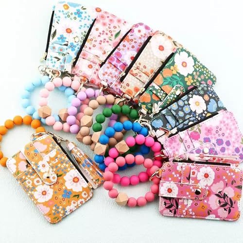 Sakesfor Boho Beaded Wallet Keychain, Boho Wallets for Women, Women's Wallet with Flower Pattern, Beaded&tassel Decorated Keychain, Credit Card Holder Purse for Women (Khaki)2