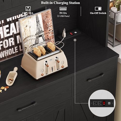 Image of HOSTACK 71 inch H Kitchen Pantry Cabinet, 55 inch Kitchen Hutch, Black Wood Grain | Large Pantry Starge Cabinet with Charging Station / Countertop / Drawer, Farmhouse Hutch Cabinet with Storage for Dining Room