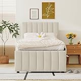 MERITLINE Twin Upholstered Platform Bed with Trundle and 3 Storage Drawers, Linen Twin Size Bed with Headboard and Footboard for Kids, Teens, Adults (Twin, Beige)