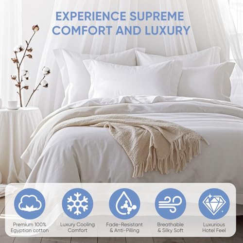 Image of TWK 100% Egyptian Cotton 1200 Thread Count Bedding Sheet Set, Substantial Thickness, Durable Long-Lasting Wear, Resists Pilling, 18 inch Max Deep Pocket Fit (White, Queen)