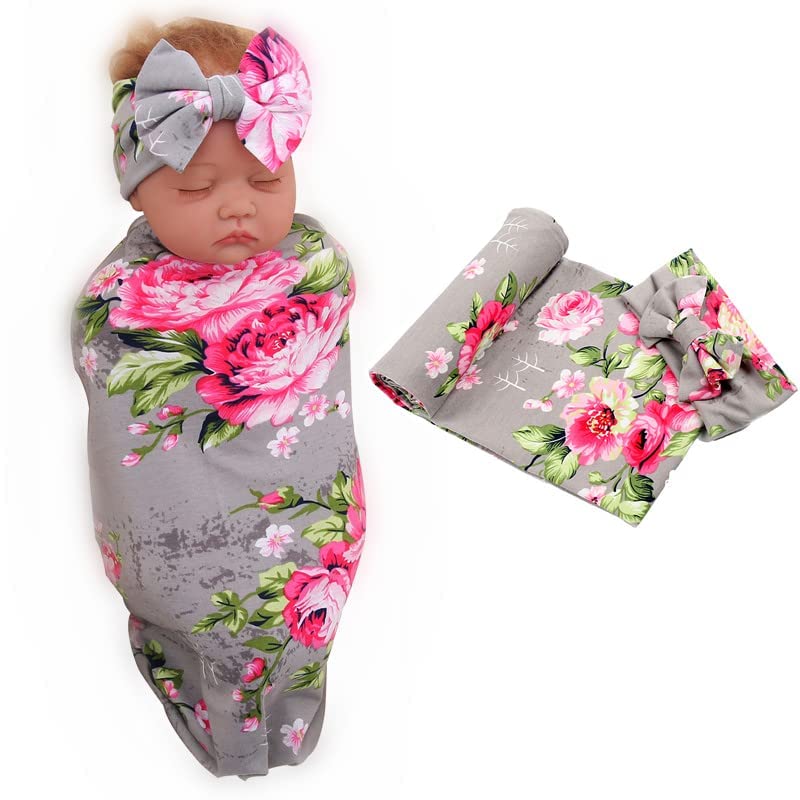 Image of Galabloomer Newborn Receiving Blanket Headband Set Baby Flower Rose Swaddle with Big Bow (Gray)