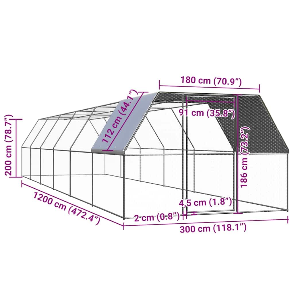 Jaula grande de 3 x 12 x 2 m de acero galvanizado para gallinas con toldo resistente al agua y puerta de cerradura para animales pequeños, pájaros, conejos, cobayas, hámsteres, ratones, ratas