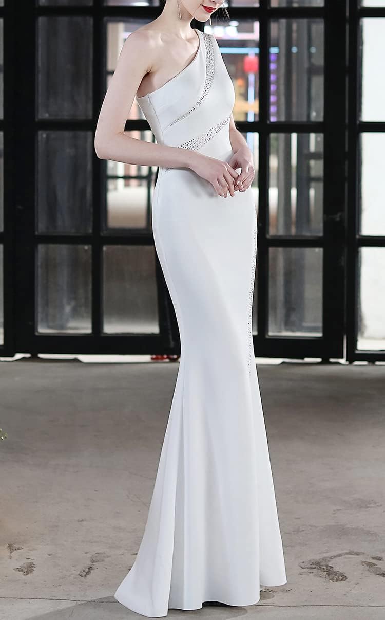 MTVOPN Women's One Shoulder Beaded Floor-Length Mermaid Satin Evening Dress size large