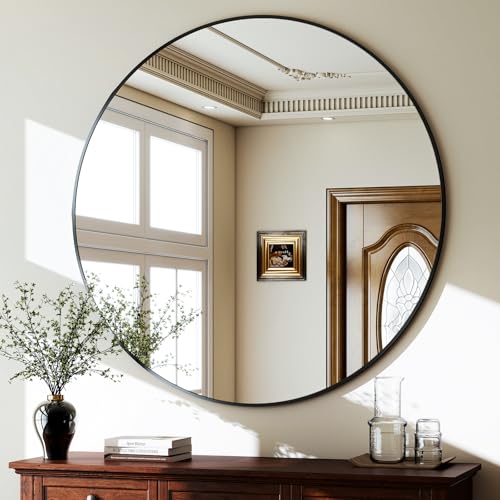 BEAUTYPEAK Round Mirror, 75cm Wall Mirror with Aluminium Alloy Frame, HD Glass that can be Hung, Suitable for Home Decor, Bathroom and Dressing Table, Black