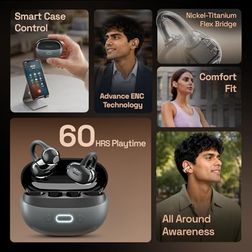 Image of ACwO DwOTS Flow 2 Open-Ear OWS Earbuds with Smart Case Control, Clip-On Design with Ear Hooks, AI-ENC Mic, Up to 60 Hours Playtime, Dual Connectivity, IPX5 Sweat Resistance, Wireless Earbuds (Grey)