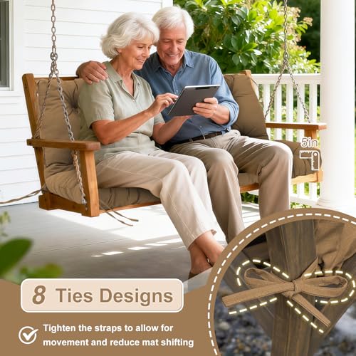 Image of Porch Swing Cushions Outdoor 48 inch x 40 Waterproof Swing Cushions 3 Seater Replacement with Backrest & 8 Ties 5 inch Thick Bench Swing Cushions for Outdoor Furniture Patio(Brown)