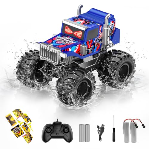 Amphibious Remote Control Car, 1:18 Boys Monster Truck Toys with LED Eyes by Dafotil - Used condition - US$28.21