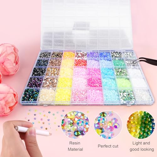 32.000 Stk Strasssteinen,40 Farben Glitzersteine zum Basteln,3mm flache Strasssteine für Textilien Rhinestones for Bedazzling für Bedazzler Steine DIY Nägel Handwerk Nail Charms+Pinzette/Wachsstift