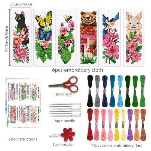 Image of BEUNITONE 6 PCS Cross Stitch Bookmark Kit for Adults Beginners,Animal and Floral Pre-Printed Cross Stitch,DIY Stamped Embroidery Bookmark Kits,with Instructions,Craft Kit for Book Lovers 8.5''x3''