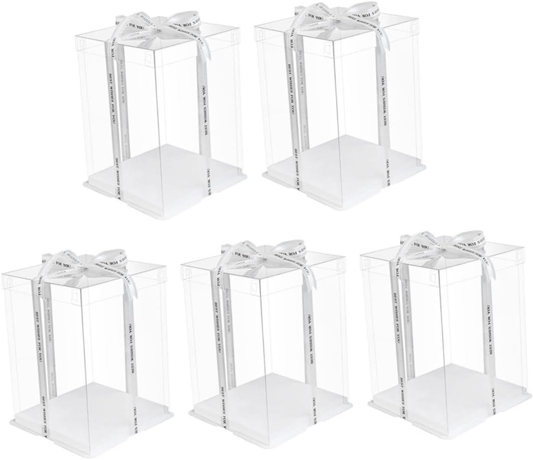 Uonlytech 5pcs 8-inch Elevated Birthday Cake Boxes Square Food-grade Cake Storage Containers with Ribbon Portable Wrapping Cases for Bakery and Packaging