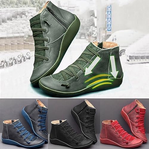 Women's Vintage Casual Short Ankle Boots,Ankle Boots for Women 2025 Arch Support Fashion No Heel Lace Up Side Zipper Retro Leather Booties Comfortable Slip On Flat Shoes Fall Spring Autumn Winter2