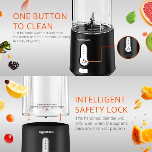 Image of Amazon Basics Portable Hand Blender for Smoothies and Juices | Pulse Mode | USB Rechargeable | 6 Stainless Steel Blades | 500 ml Jar | 1 year Warranty | 2x2000 mAh Batteries (Black)