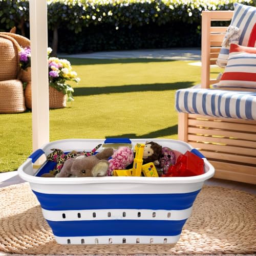 Image of SAMMART 42L (11 gallon) Collapsible Plastic Laundry Basket - Foldable Pop Up Storage Container /Organizer - Space Saving Hamper /Basket (1, White /Dark Blue)