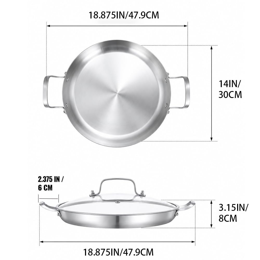 Inqibee Sartén de paella de acero inoxidable de tres capas de 30 cm con tapa, sartén para cocinar por inducción, calentamiento uniforme y apta para horno