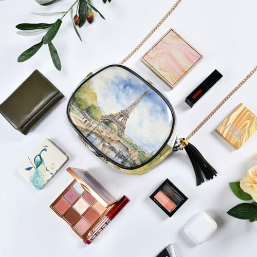 Image of ALAZA Women's Paris Eiffel Tower Tower Watercolor PU Leather Crossbody Bag Shoulder Purse with Tassel