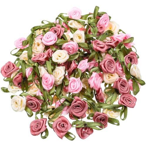 100 PCS 15mm Multicoloured Mini Rose Flowers, Satin Ribbon Bows
