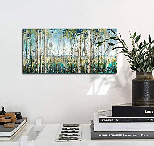 Image of Pogusmavi Large Framed Birch Tree Canvas Wall Art Nature Painting for Home Decor | Teal Artwork for Living Room, Bedroom, and Office Pictures for Living Room 24x48IN