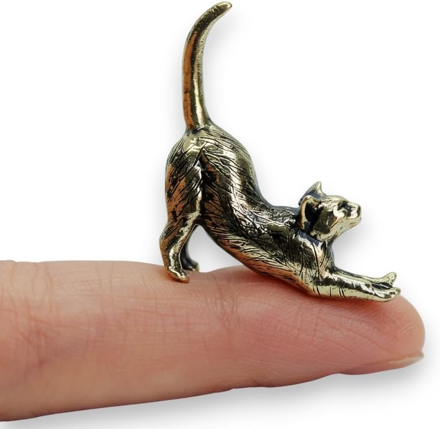 Stretching Cat Figurine Hand-Casted in Brass Small Kitten Miniature Collectible Gift for Cat Lovers Tiny Metal Decorative Trinket