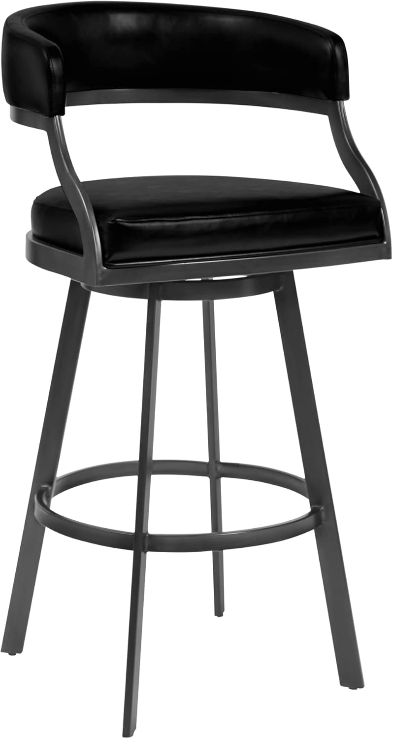 Armen Living Saturn 26" Counter Height Swivel Vintage Black Faux Leather and Mineral Metal Bar Stool