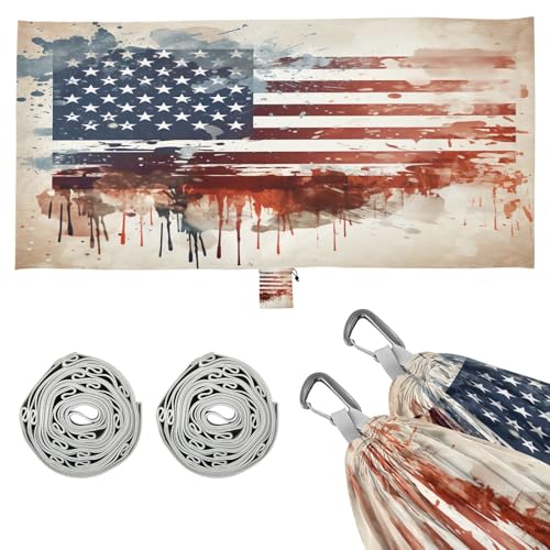 Kigai American Flag Camping Hammock Durable & Portable Travel Hammock Holds 330lbs with Tree Strapsm, Pocket, Camping Accessories