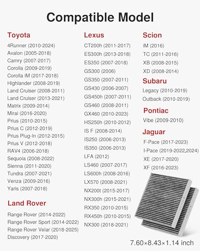 Image of Puroma Cabin Air Filter with Activated Carbon, Replacement for CP285, CF10285, Toyota Camry, RAV4, Highlander, Corolla, 4Runner, Tundra, Prius, Sienna, Lexus, Scion, Subaru, Jaguar (2 pcs)