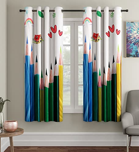 Image of 3D Printed Cartoon Curtains for Kids Room Play School Curtains for Window 5 feet Curtain Set of 1 Pcs, Pencil Colors