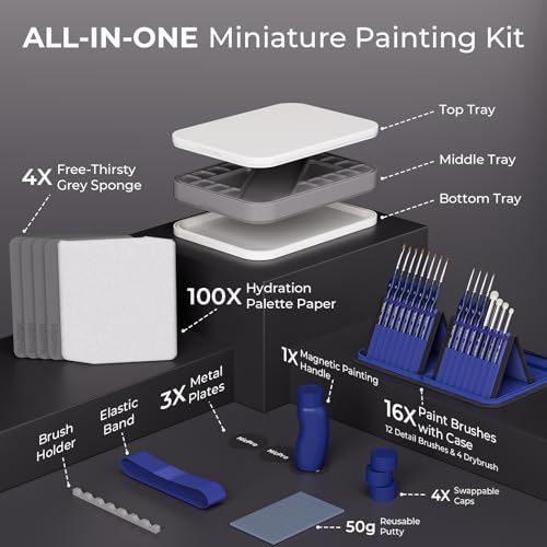 Image of Nicpro Professional Miniature Painting Kit, with Wet Palette, Miniature Painting Handle, 16PCS Detail Paint Brushes Drybrush with Nylon Bag, Pallet Paper, Sponge, Brush Holder Mixing Paint Palette