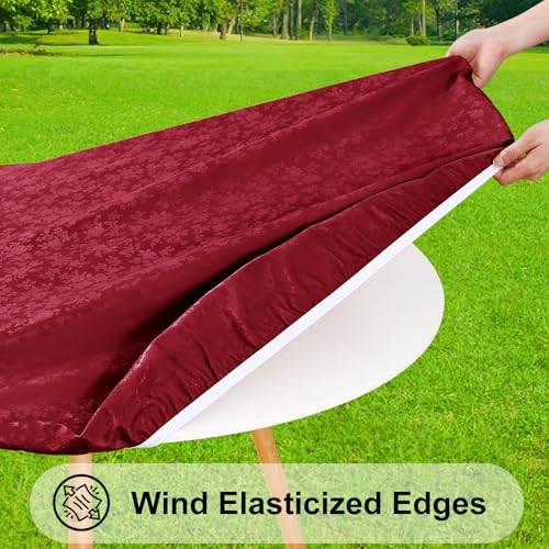 Image of Smiry Waterproof Heavy Duty Vinyl Fitted Tablecloth for 45 inch-56 inch Round Table | Elastic Plastic Table Cloth, Wipeable Washable Floral Patio Table Cover for Picnic, Kitchen and Dining, Wine Red