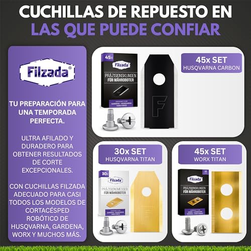 Miniatura 7 de Filzada 45x Cuchillas De Titanio Adecuadas Para Todos Los Cortacéspedes Automáticos De Husqvarna - Cuchillas Para Cortacéspedes Automáticos Adecuadas Para Husqvarna 305, 308, 310, Y Muchas Más.