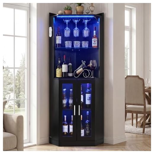 VEVOR Corner Wine Cabinet, Bar Cabinet with Ample Storage, Modern Buffet Sideboard with Glass Holder, Adjustable LED Brightness, Anti-Tip Strap, for Home Kitchen, Living Room, Dining Room, Black Wood
