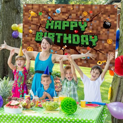 Image of Pixel Happy Birthday Backdrop, 47x32in /120x80cm Pixel Theme Party Decorations Video Game Banner Backdrop for Gaming Birthday Decor