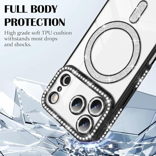 Image of for iPhone 17 Pro Max Magnetic Glitter Case,Luxury Bling Rhinestone Diamond Plated Bumper Case Sparkle Camera Lens Protection Clear Cover for iPhone 17 Pro Max (Black)