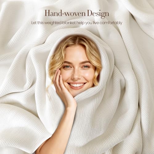 Image of Knitted Weighted Blanket for Adults, White 62 inchx90 inch 16lbs | Chunky Knit Heavy Cotton Blanket,Gifts for Women Mom Birthday Gifts Presents,Cooling,Breathable,Sustainable,Machine Washable