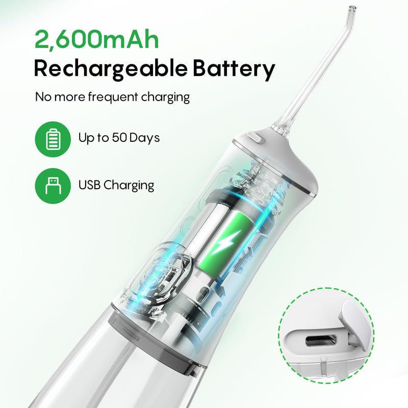 Image of FRESKO Water Dental Flosser, 50-Day Battery Life Oral Irrigator with Constant Pressure, 300ML Water Flosser with 5 Nozzles for Teeth Cleaning, IPX7 Waterproof, Ideal for Braces and Sensitive Gums