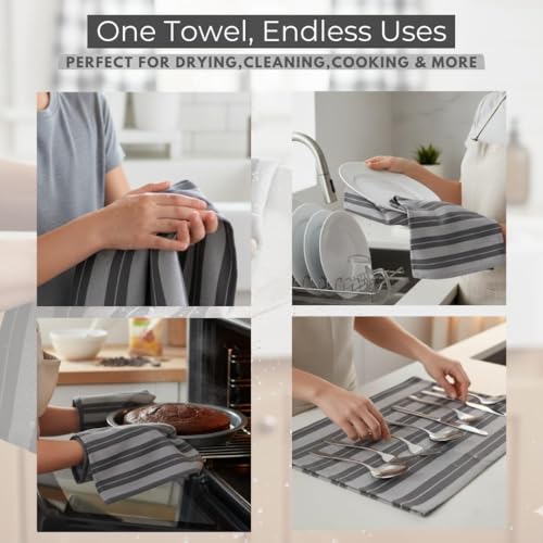LIXURIATE Stripe Designed Tea Towels for Kitchen - 100% Cotton | Super Absorbent & Quick Drying Hotel Quality Kitchen Towels Set | 70 x 50 cm - Machine Washable (Grey & Dark Grey, 5 Pack) - Image 4