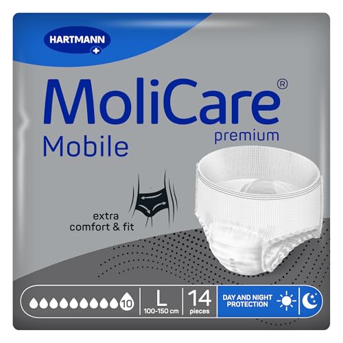 MoliCare premium Mobile 10 Tropfen Größe L, Inkontinenzhosen für Frauen und Männer mit schwerster Inkontinenz, extra Auslaufschutz, fortschrittlicher Hautschutz, verbesserte Passform, 14 Stück