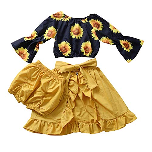 Kids Girl Sunflower Skirts Outfit Ruffled Off Shoulder Crop Top + Yellow Irregularity Maxi Skirts Dress Fall Clothing Set (Sunflower, 2-3 Years)