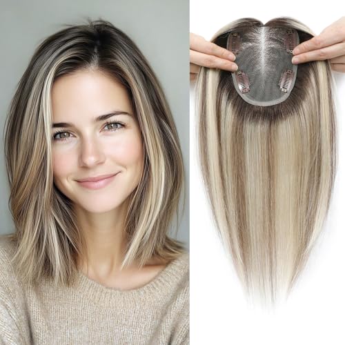 Lasunork Human Hair Toppers for Women Real Hair 40g Upgrade Lace Base 12inch (Ombre Light Brown with Blond Highlight 12 Inch)