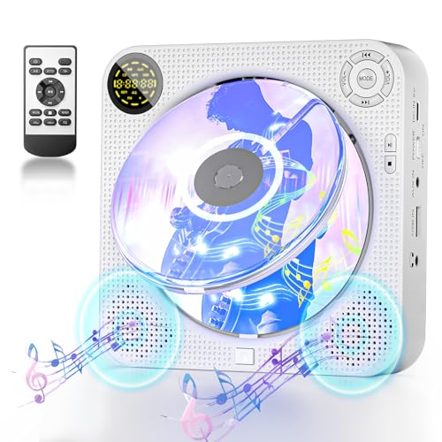 DESOBRY Reproductor de CD Portátil con Bluetooth, Reproductor de CD de Pared con Altavoces, Pantalla LED Frontal, Mando a Distancia, Soporta FM/USB/AUX