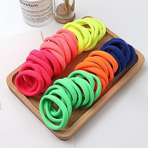 Image of Elina 60 Mutli Color Elastic Ponytail Holder Hair Rubber Ties Head Bands Soft Cotton Thick Thin Hair Wear for School Girls, Kids, Women Accessories (Pack of 60)(Neon Bright Colors)