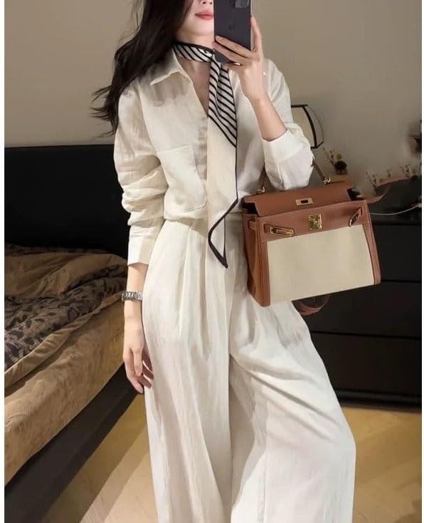 Women Linen Shirt Set Summer Blouse Wide Leg Pants Casual Outfit