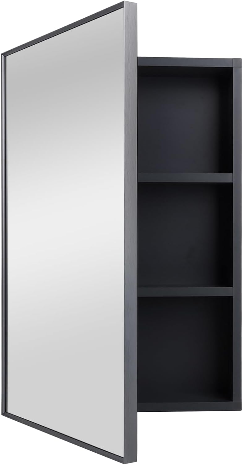 ANTIS'S HOME Medicine Cabinet, Bathroom Mirror with Storage 16 x 24 inch, Mirror Cabinet Wall Mounted Aluminum Storage Cabinet, Rectangle Modern Medicine Cabinets, Non-recessed, Dark Gray Grey